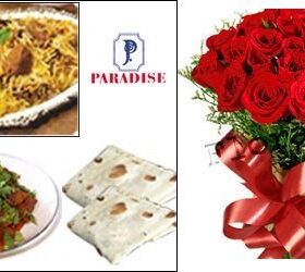 Mutton Biryani family pack with red rose bunch in Hyderabad